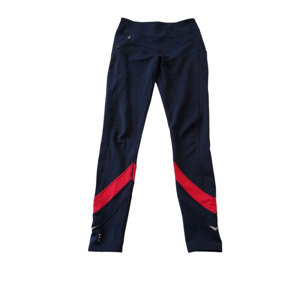 Smartwool Merino Fleece Sport Block Leggings Medium Navy Red Lined Reflective